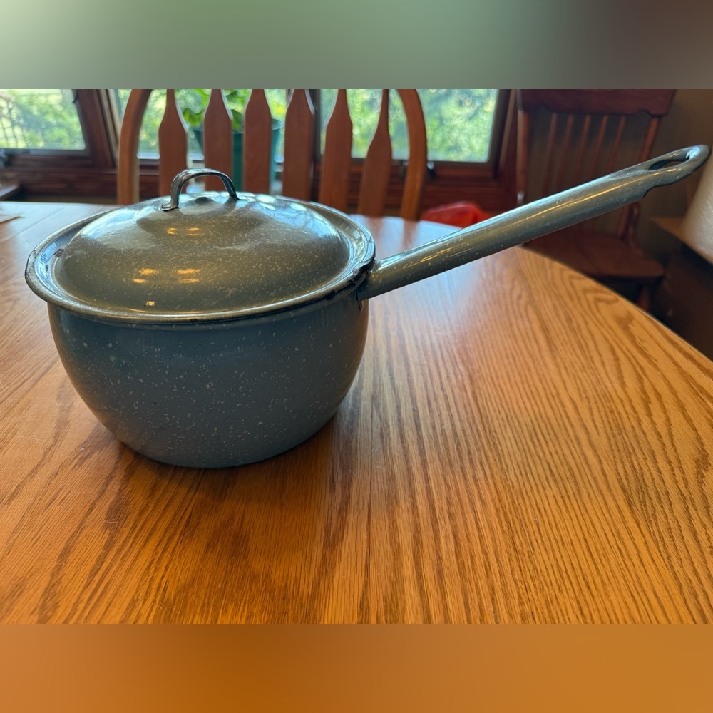 Vintage Blue Speckled Sauce Pan with Lid